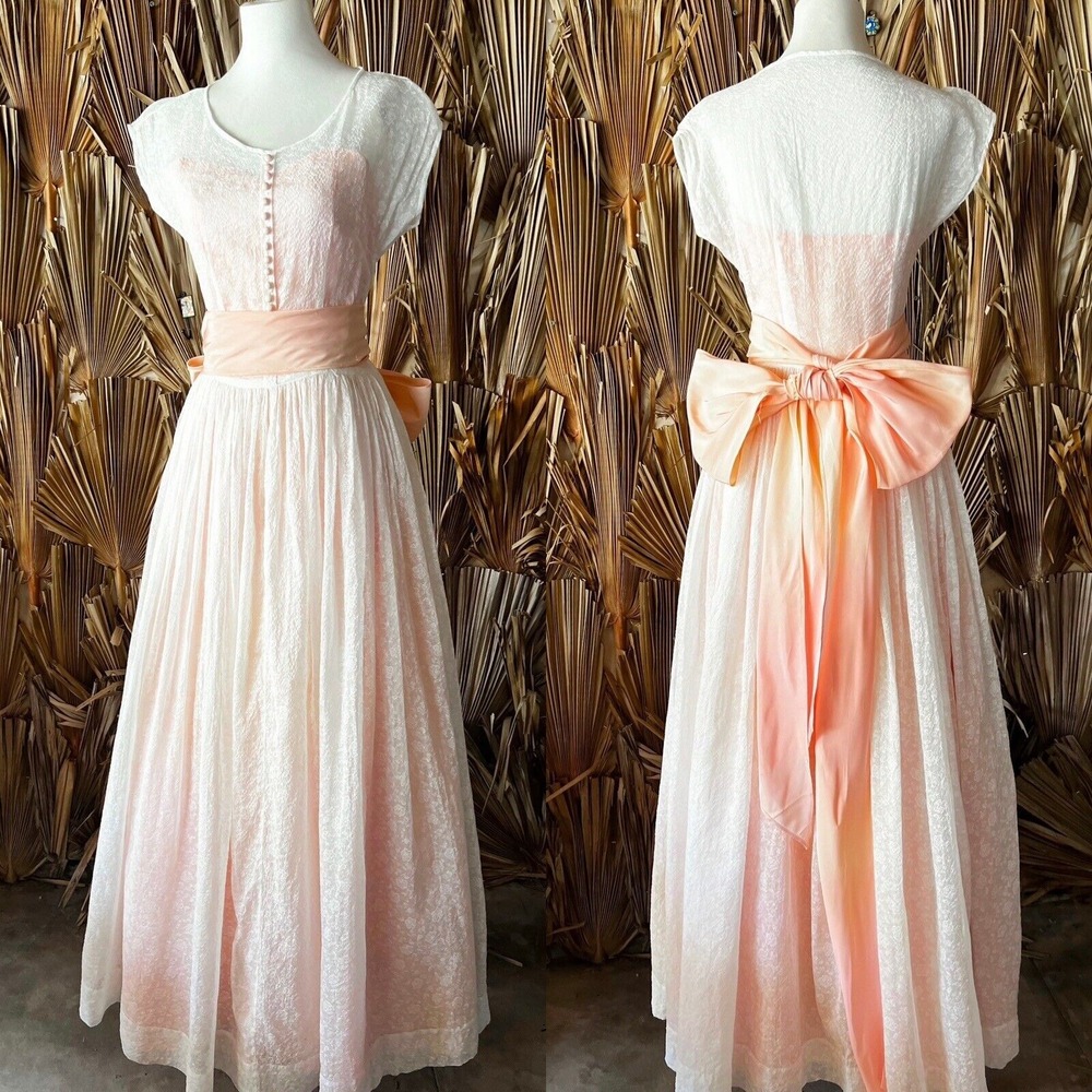 Vintage 1940s Gown Pink and White Organdy Lace Dress Bow‎ Coquette Wedding